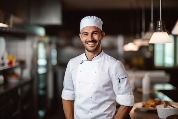 a chef in a kitchen smiling at the camera