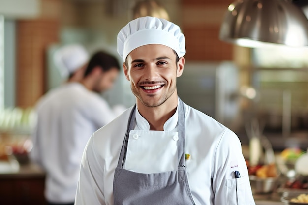 A chef in a kitchen wearing a hat and apron