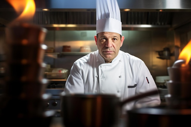 Foto uno chef in cucina con una padella sullo sfondo