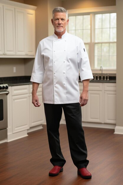 Photo a chef in a kitchen with a white shirt and black pants