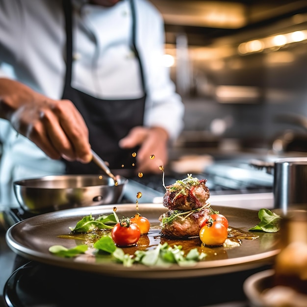 Chef-kok bereidt een gastronomisch gerecht voor