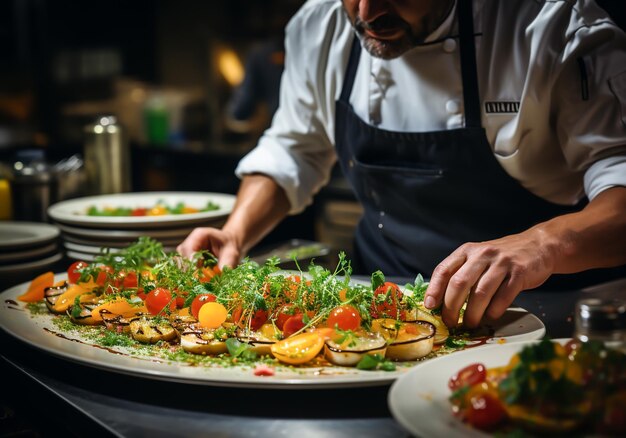 Foto chef-kok bereidt en serveert een elegante maaltijd service tijd ai gegenereerd