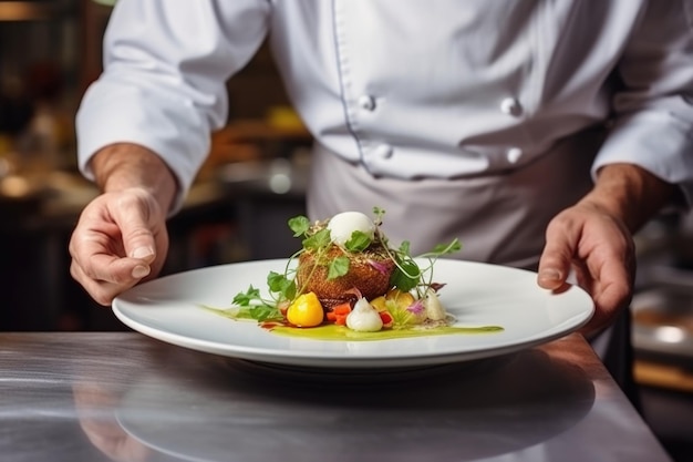 Chef-kok bereidt eten in restaurant Close-up shot van mannelijke handen versierde schotel in de keuken