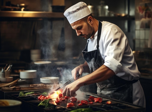 Foto chef-kok bereidt eten voor een restaurant