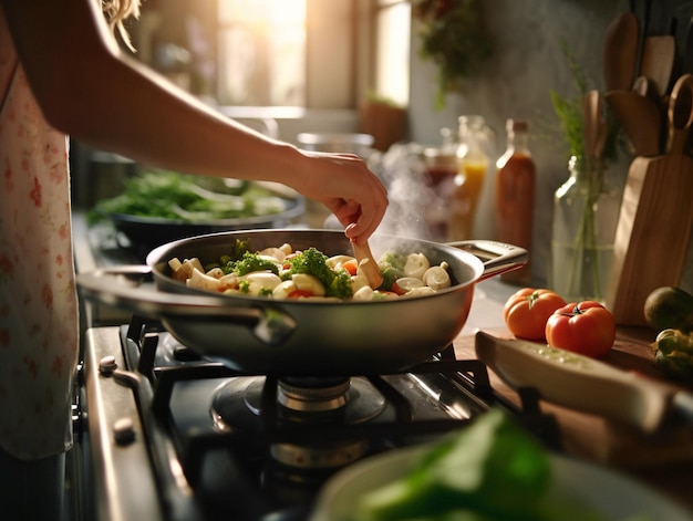Chef-kok bereidt heerlijke maaltijd in een sissende pan op het fornuis Generatieve AI