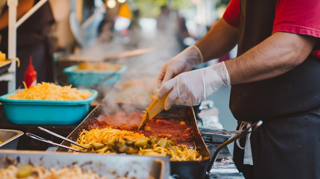 chef-kok bereidt Mexicaanse Enchiladas voor op een straatvoedselmarkt
