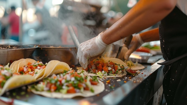 chef-kok bereidt Mexicaanse taco's voor op een straatvoedselmarkt