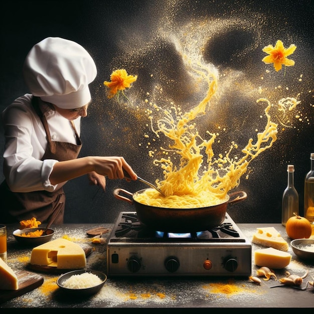 Chef-kok bereidt romige rijstrisotto uit Noord-Italië met saffraanbouillonboter en Parmezaanse kaas