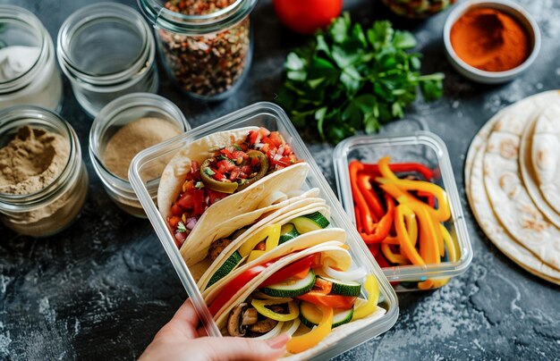 Chef-kok bereidt traditionele Mexicaanse taco's met verse ingrediënten in containers in de keuken