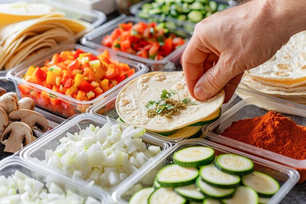 Foto chef-kok bereidt traditionele mexicaanse taco's met verse ingrediënten in containers in de keuken