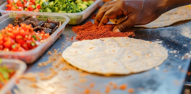 Chef-kok bereidt traditionele Mexicaanse taco's met verse ingrediënten in containers in de keuken