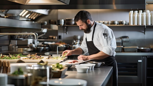 Chef-kok bereidt voedsel in de keuken van een restaurant of hotel