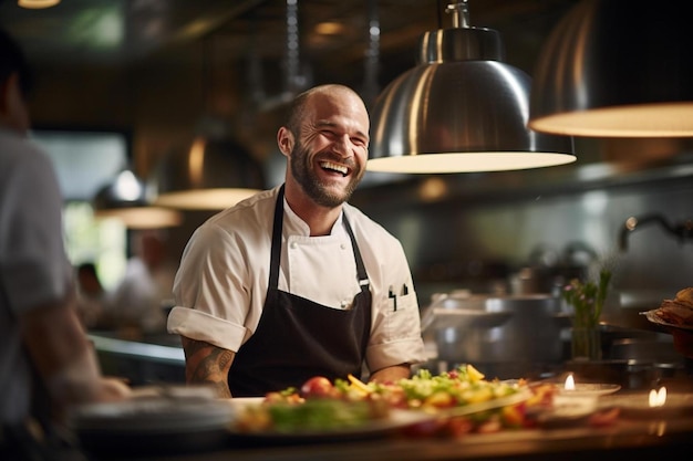 Chef-kok die bij de camera in een keuken glimlacht