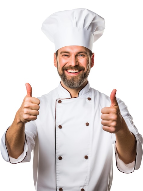 Chef-kok die duimen opgeeft op geïsoleerde witte achtergrond