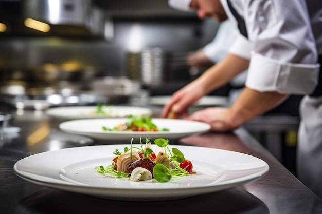 Chef-kok die een gerecht in een commerciële keuken versiert