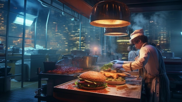 Foto chef-kok die een hamburger maakt