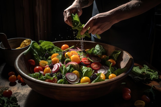 Chef-kok die een kleurrijke salade met generatieve ai van verse groenten werpt