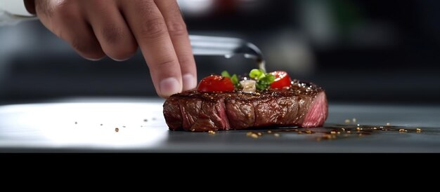 Foto chef-kok die klaar is met het versieren van gekookte vleesteak op tafel