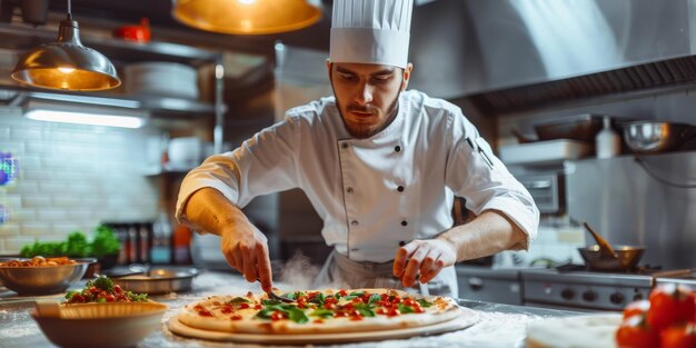 chef-kok die pizza maakt close-up Generatieve AI