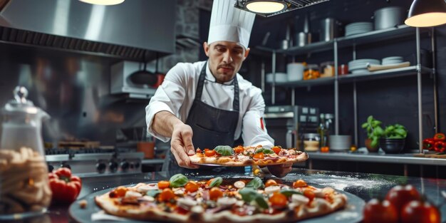 chef-kok die pizza maakt close-up Generatieve AI