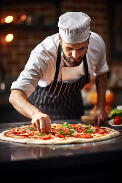 chef-kok die pizza maakt close-up Generatieve AI