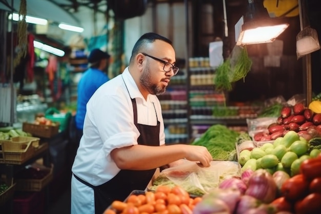 Chef-kok die verse groenten kiest bij voedselmarkt Generatieve AI