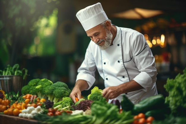 Chef-kok die verse groenten kiest op de markt Biologische producten voor het koken in restaurant Generatieve ai