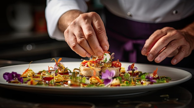 chef-kok die voedsel op een bord bereidt met een koksmuts