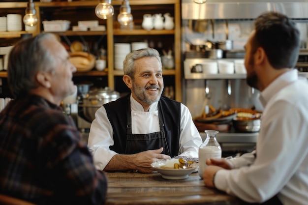 Foto chef-kok en restauranthouder praten met financieel adviseur investeerder