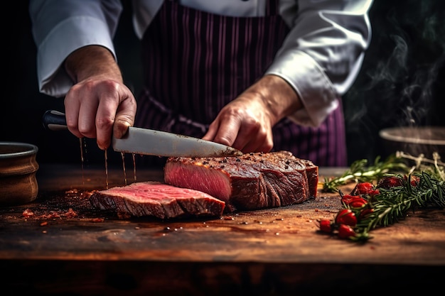 Chef-kok gegrild vlees steak snijden met mes op houten achtergrond