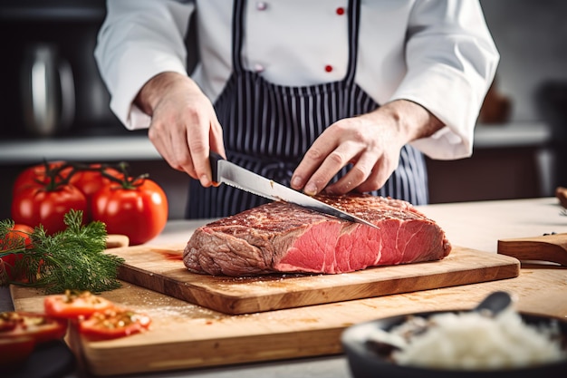 Chef-kok gegrild vlees steak snijden met mes op houten achtergrond