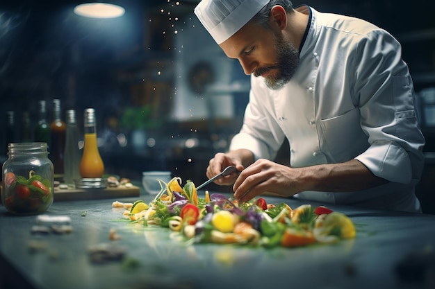 chef-kok in de keuken die maaltijden bereidt Chef-kok verbrandt voedsel bij professionele keuken generatieve ai