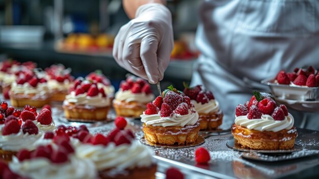 Chef-kok in de keuken die miniatuurverjaardagstaarten maakt Generatieve Ai