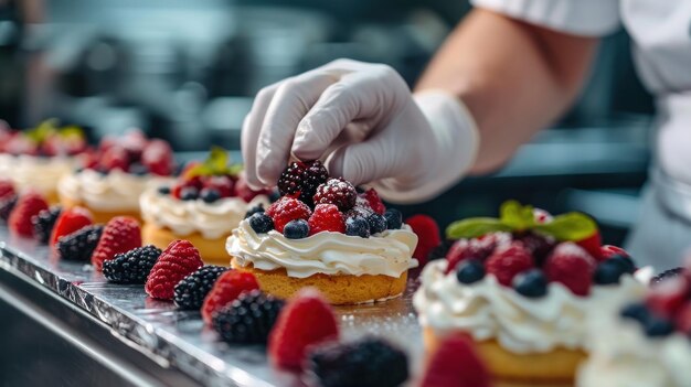 Chef-kok in de keuken die miniatuurverjaardagstaarten maakt Generatieve Ai