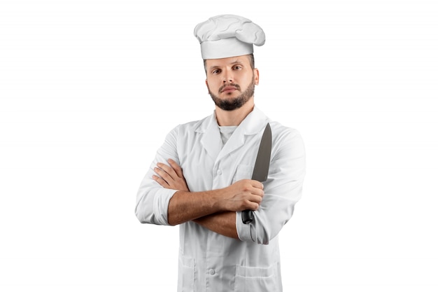 chef-kok in een hoed met een mes op een witte achtergrond