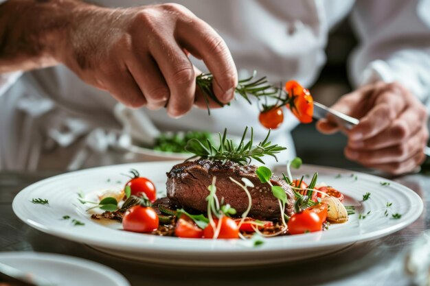 Chef-kok in een restaurant die een gerecht versiert Eindelijk afdrinken Generatieve AI