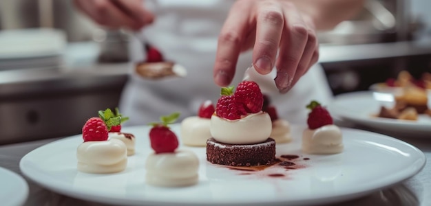 Foto chef-kok in het wit chef-kok die een dessert in een keuken assembleert