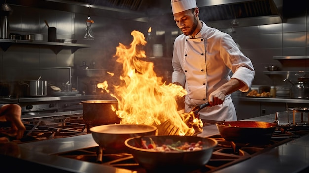 Chef-kok in restaurantkeuken bij fornuis met pan die vlam op voedsel doet