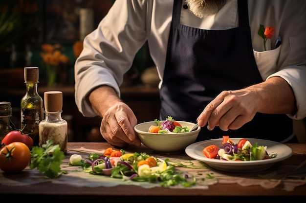 Chef-kok in uniform koken in een keuken