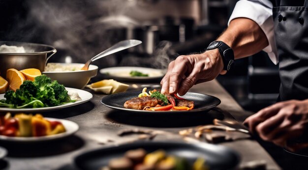 Foto chef-kok koken eten in het restaurant chef-kok bereiden eten close-up van chef-kok in de keuken