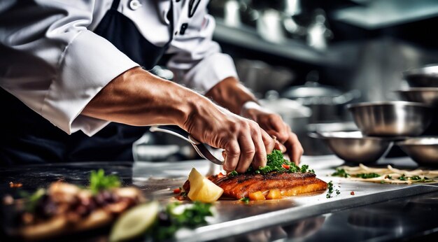 Foto chef-kok koken eten in het restaurant chef-kok bereiden eten close-up van chef-kok in de keuken