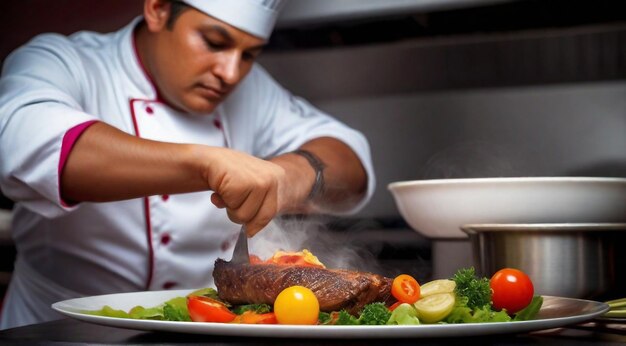 Foto chef-kok koken eten in het restaurant chef-kok bereiden eten close-up van chef-kok in de keuken