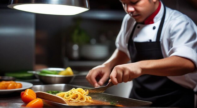 chef-kok koken voedsel in het restaurant chef-kok bereiden voedsel close-up van chef-kok in de keuken