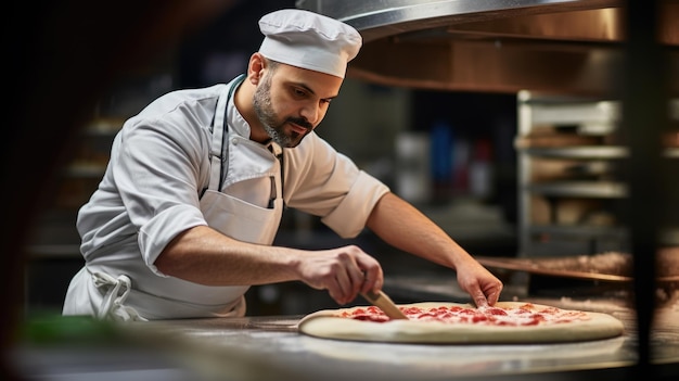 Chef-kok kookt Italiaanse pizza in de keuken