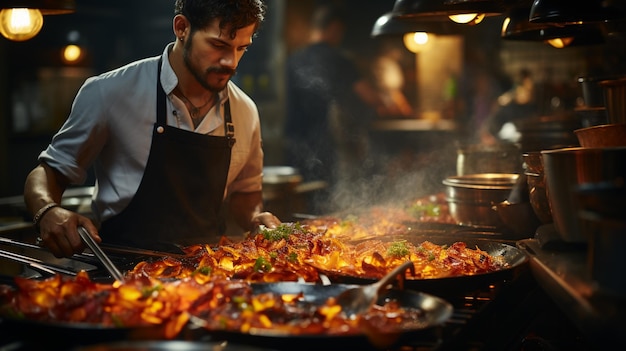 Chef-kok kookt kip op de grill in de keuken van een restaurant generatieve ai