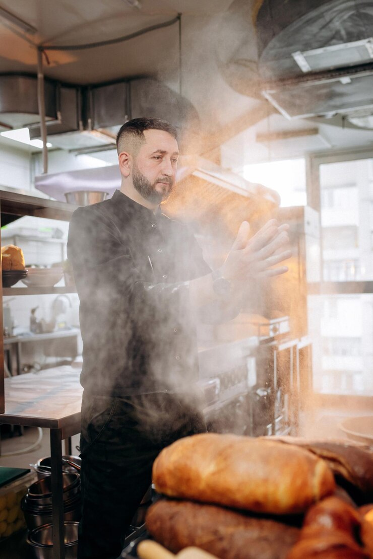 Chef-kok met een bloem Knappe bakker in uniform fel smakkend meel voor het bakken van brood of croissants in een bakkerij