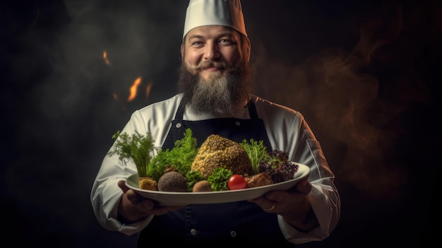 Chef-kok met een bord eten in een rokerige keuken