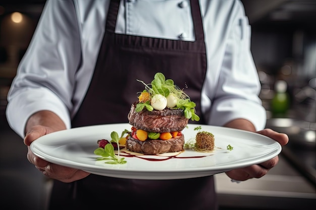 Chef-kok met een bord ossenhaasbiefstuk met salade