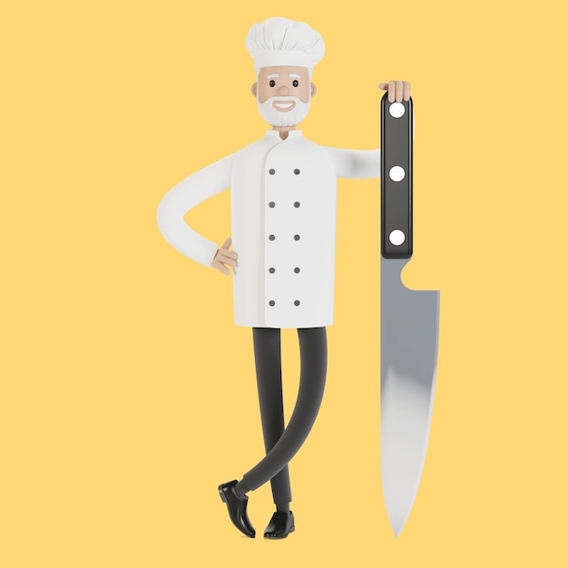 Chef-kok met een groot mes. 3D illustratie in cartoon-stijl.