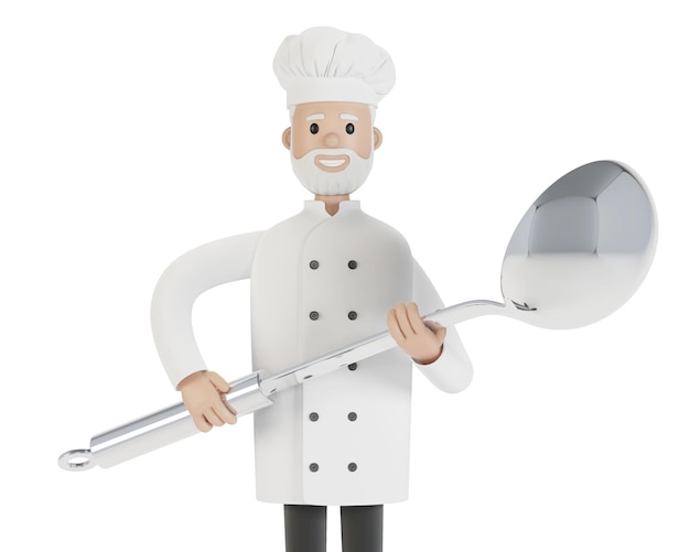 Chef-kok met een grote pollepel 3D-illustratie in cartoonstijl